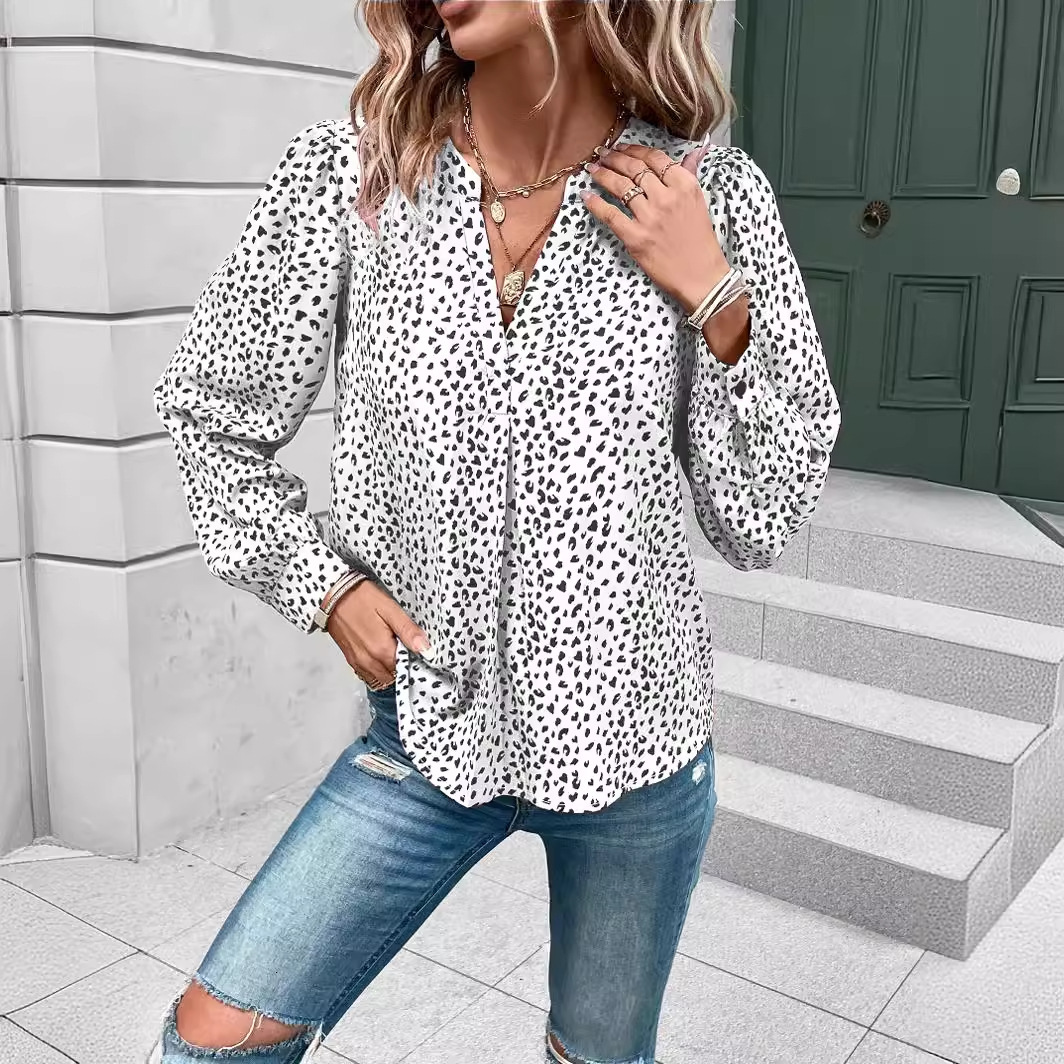 2025 spring/summer V-neck pullover leopard print printed long sleeved shirt, commuter women's shirt