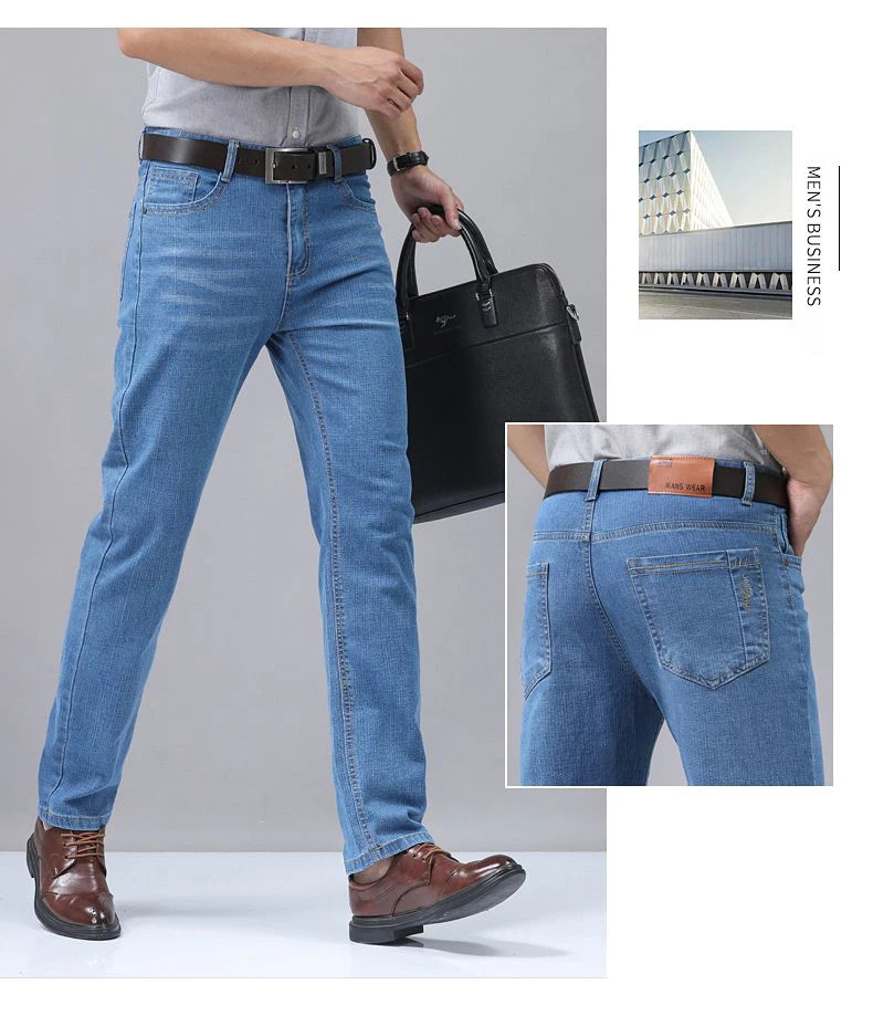 Summer Thin Mens Elastic Cotton Jeans Fashion Blue Comfortable Business Straight Casual Pants Male Clothes Trousers 250414