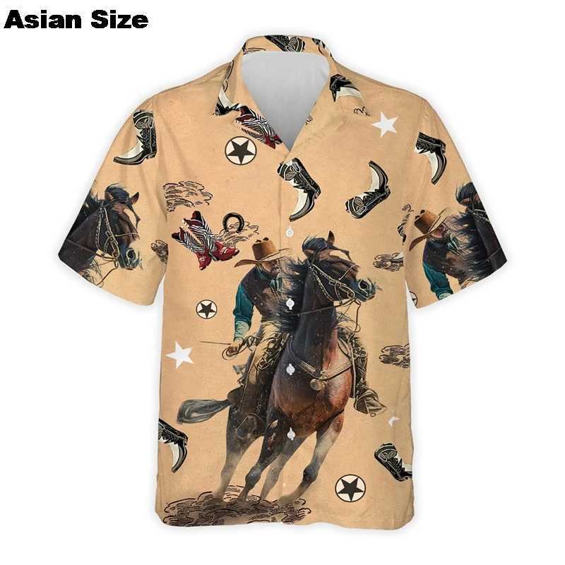Harajuku 3D American Western Cowboy Printed Mens Shirt 2025 Fashion Street Clothing 80s Top Cool Casual Collar Shirt W250414