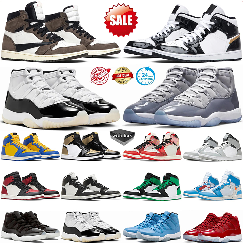 With Box Designer 11s 11 Basketball Shoes Men 1s 1 Trainers Classic Black White University Blue Bred Chicago Lucky Green Smoke Grey Outdoor Men Women Sneakers EU 36-47