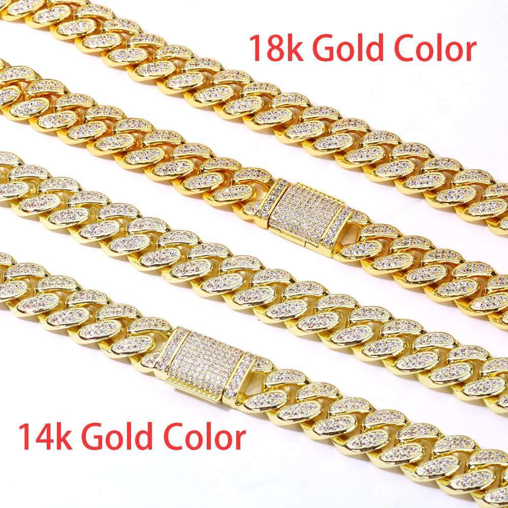 Hip Hop 14k Gold Plated Bling Iced Cuban Chain Jewelry Cadena Hombre 12mm 2 Rows Diamond 18k Gold Color Cuban Necklace