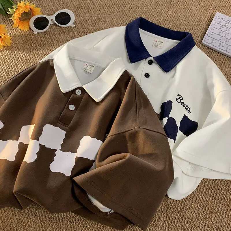 American street contrasting color mens polo shirt 2025 summer couple T-shirt round neck top unisex short sleeved T-shirt W250414