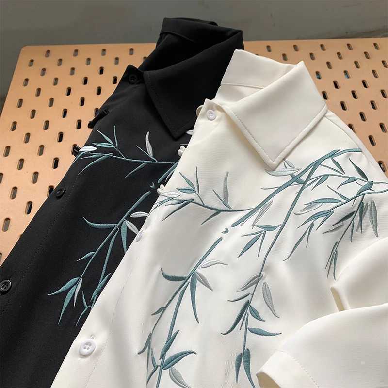 2024 Mens Short sleeved Embroidered Shirt Asian Style Trend White Black Shirt Summer Casual Button Down Shirt W250414