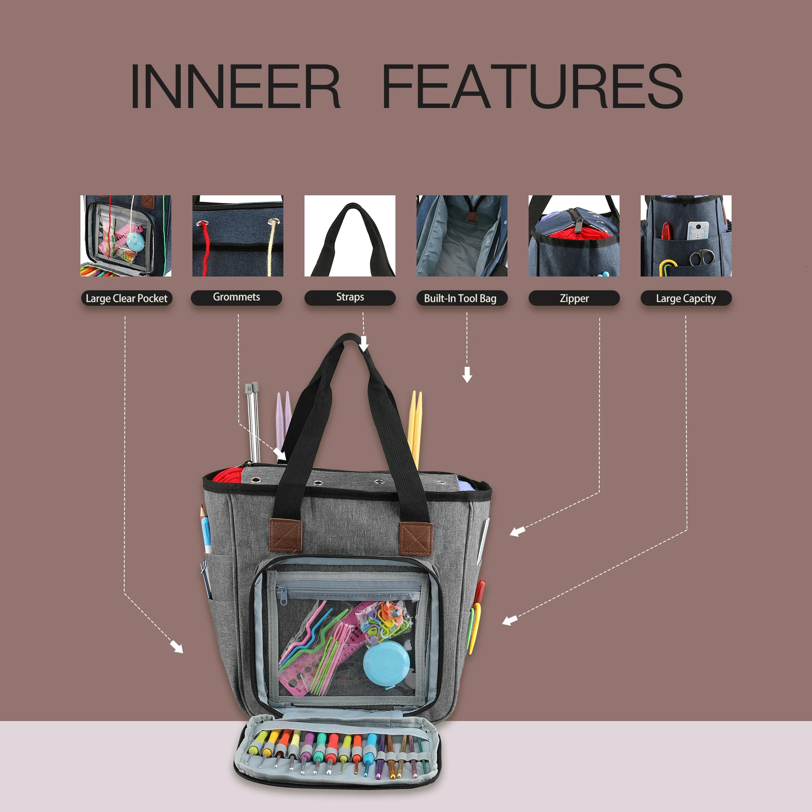 KOKNIT Knitting Tote Bag Yarn Storage Bag for Knitting Needles Crochet Hooks and Sewing Accessories DIY Sewing Kit Bag For Mom 250407