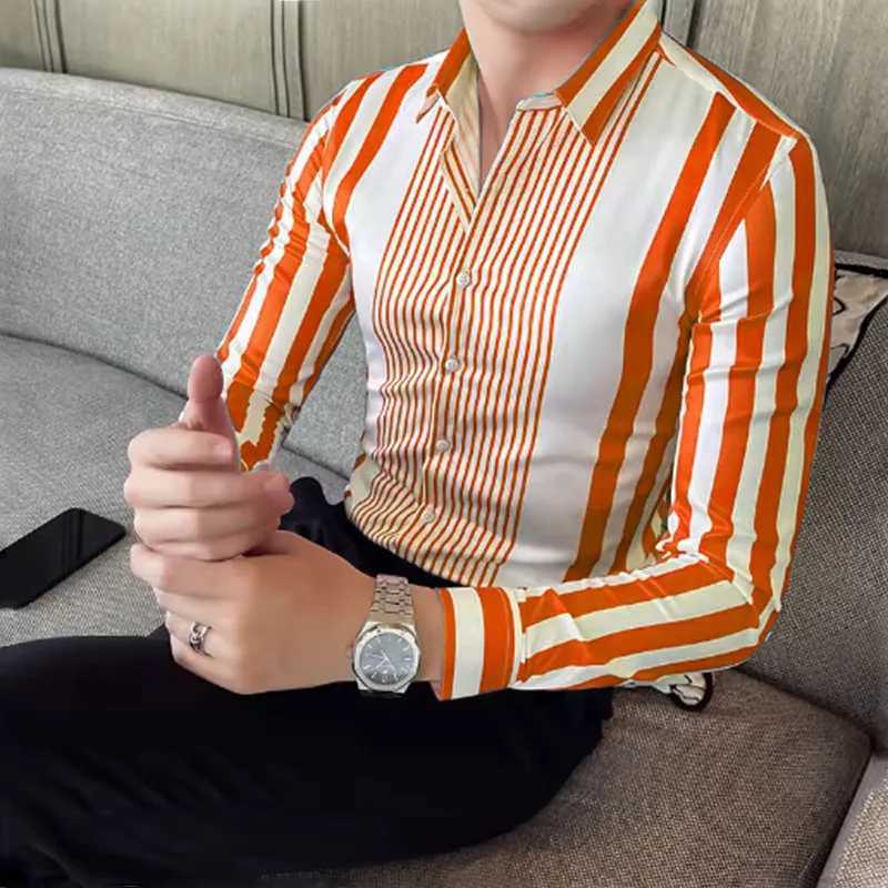 9-color striped mens casual breathable plus size mens sportswear comfortable fabric long sleeved shirt collar W250414