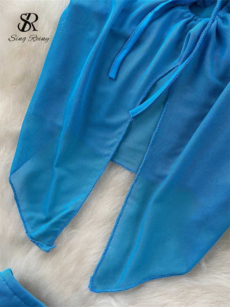 SINGREENY summer sexy beach set irregular hollow split strapless top+long body skiing womens vacation style mesh setXJ250414