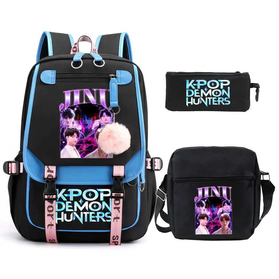 KPop Demon Hunters Backpack Shoulder Bag Pencil Case Three Piece Set Children Fashion Casual SchoolBag Saja Boys Travel BackpackW251113