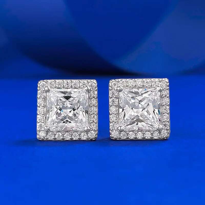 0.5/1/2carat Princess Cut Moissanite Halo Diamond Stud Earrings with Certificates 925 Sterling Silver Square Ear Studs for Women