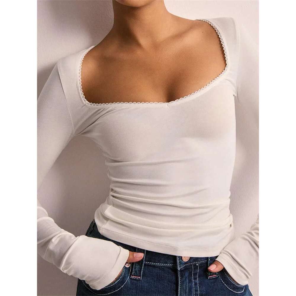 CHRONSTYLE Women T-shirts Long Sleeve Low-cut Lace Trim Solid Color Slim Fit Ladies Spring Fall Tops Streetwear Tees Shirts