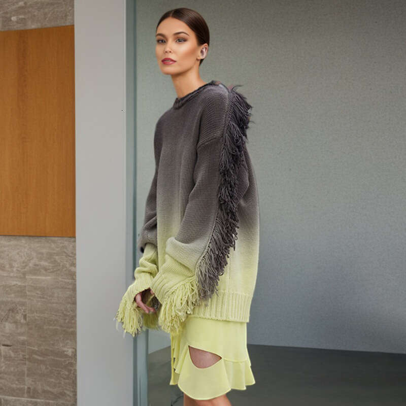 Designer Fashion Forward Long Sleeve Knit Sweater Featuring a Rounded Neck and Roughened Edges Perfect for 2025 Early Spring