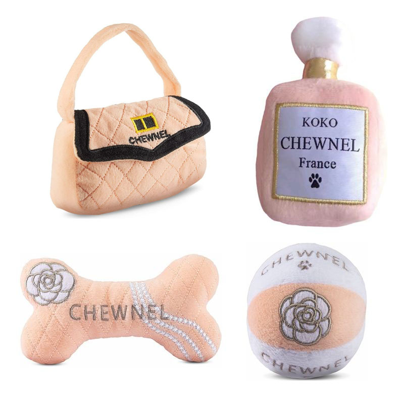 Luxury Dog Toys Designs Runway Pup Collection Unique Squeaky Parody Plush Dog Toys Fashion Accessories Dog Bones, Balls, Handbag, Dogs Christmas Gift