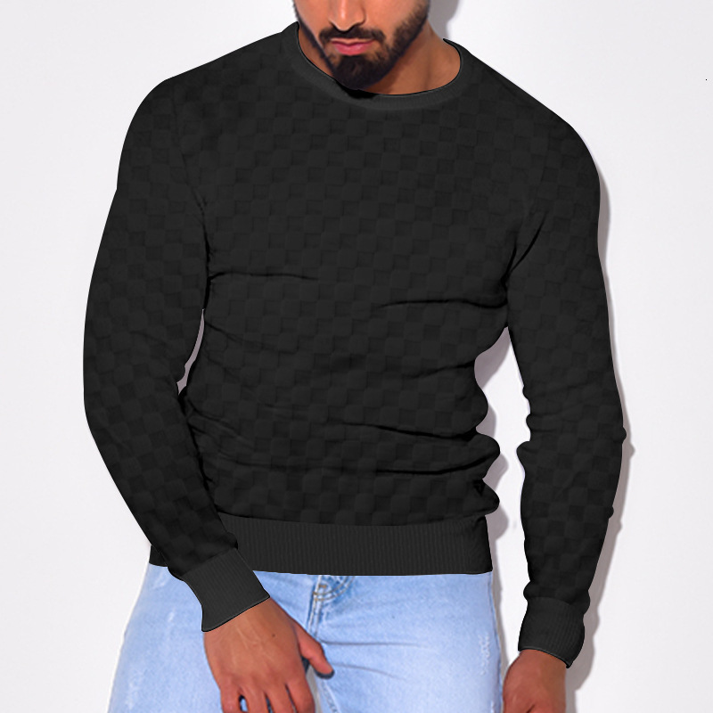 Men's autumn and winter men's T-shirt jacquard checkerboard round neck knitted sweater base long sleeved sweatshirt
