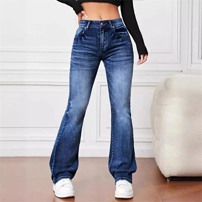 Womens Casual Micro Flash Jeans Retro Mid Waist Button Splicing Denim Pants Office Trend Street Clothing 250410
