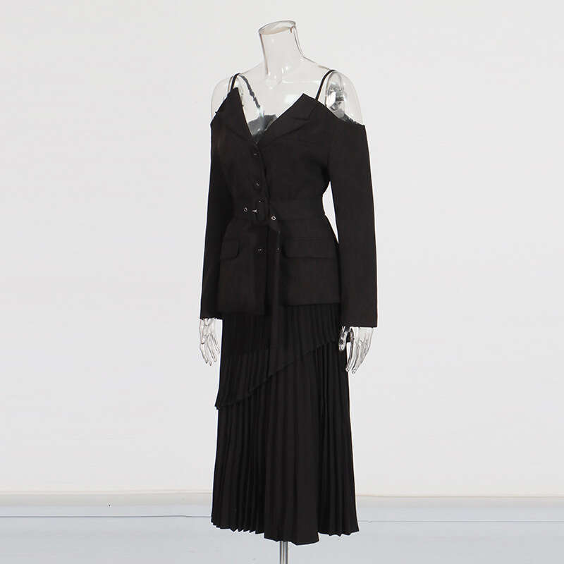 Designer Women's Elegant Minimalist Two-Piece Set with V-Neck Camisole and High-Waisted Pleated Skirt