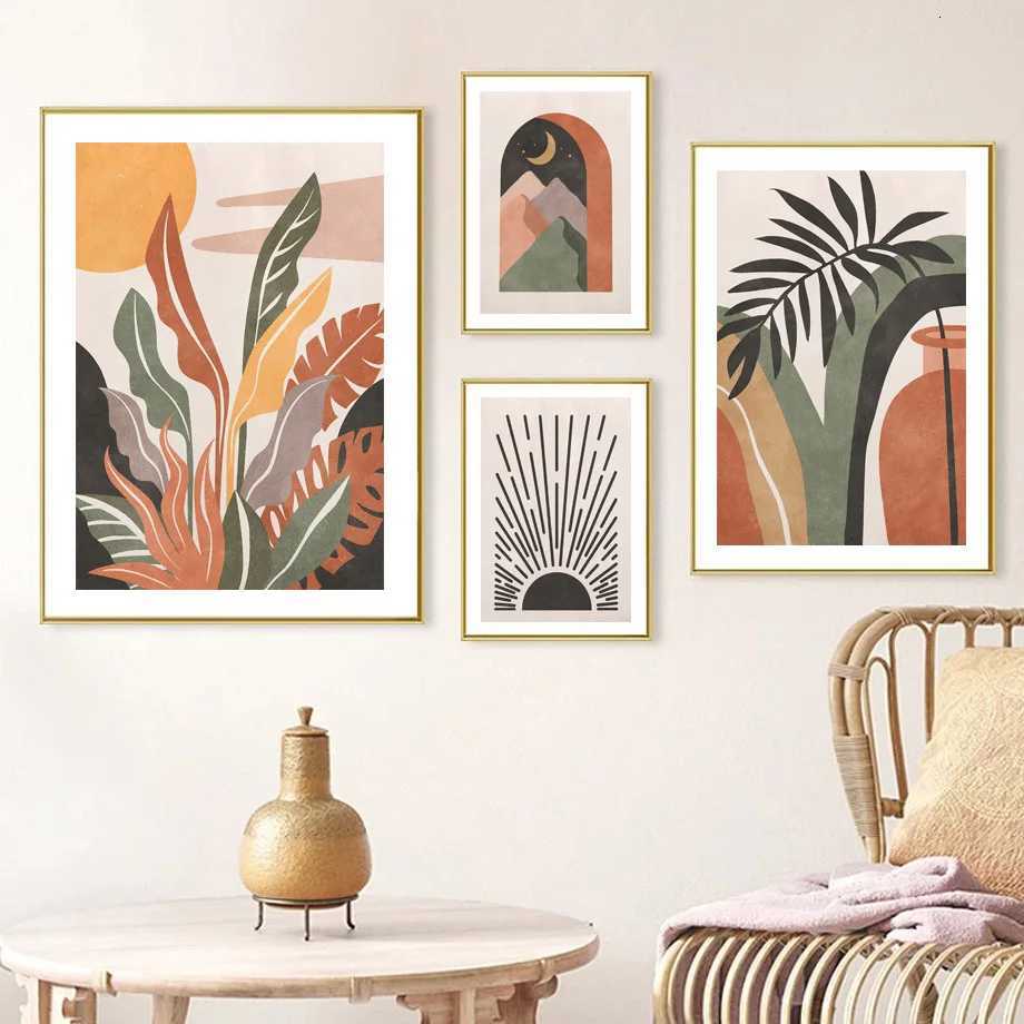 Boho Leaves Sun Moon Rainbow Landscape Wall Art Canvas Painting Nordic Posters And Prints Picture for Living Room Interior DecorM251114