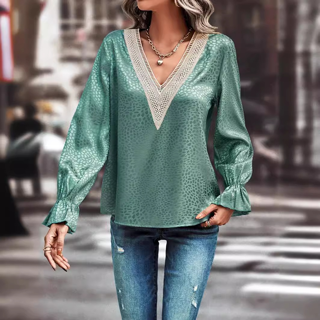 2025 lace V-neck pullover leopard print women's jacquard long sleeved shirt