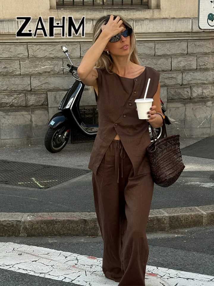 Ele asymmetrical vest pants set womens solid O-neck strapless top Drstring wide leg pants 2025 summer womens new setXJ250414