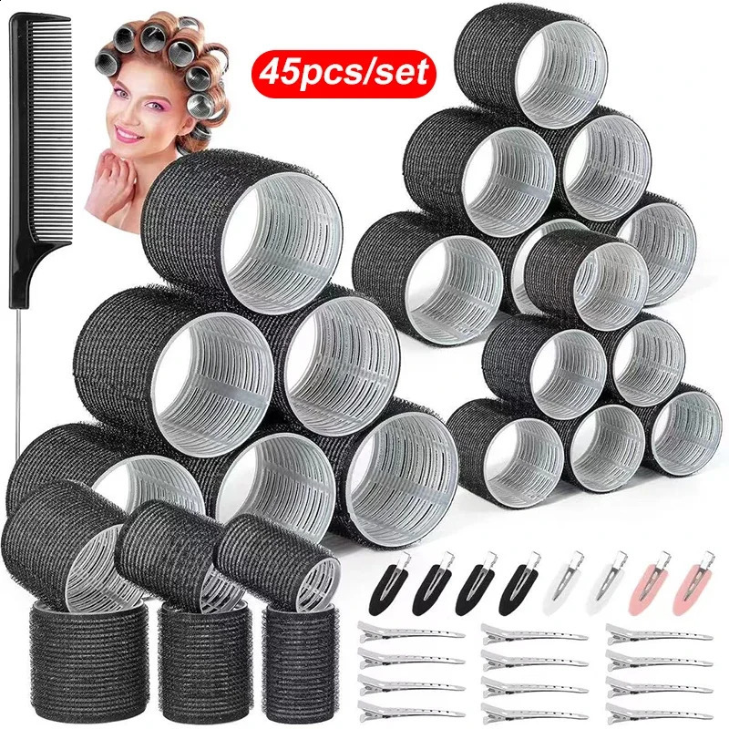 45pcs/set Self-grip Hair Rollers With Clips Black Heatless Roller Jumbo Sticky Hair Roller Set Salon Hair Dressing Curlers 250409