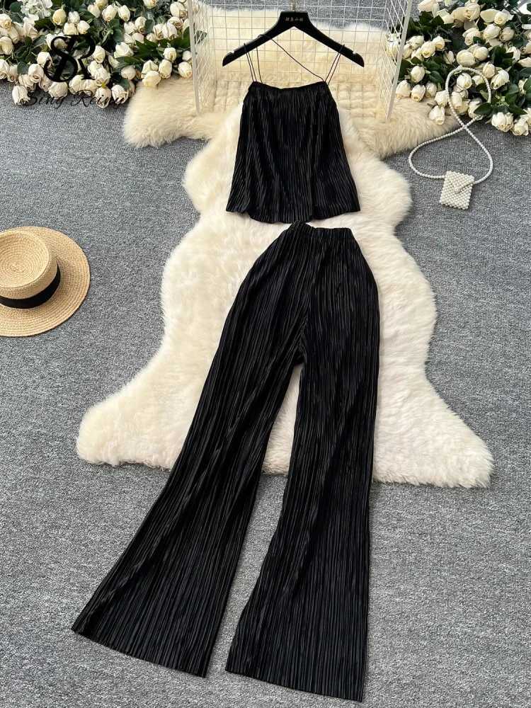 SINGREENY Womens Summer Casual Two Piece Set with Waist Belt Loose Top+Elastic Wide Leg Pants Bohemian Chic Folded Home ClothesXJ250414