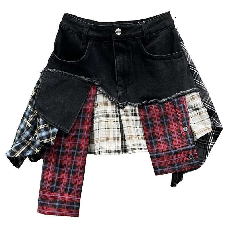 DEAT Vintage Irregular Patchwork Plaid Skirts Denim Short For Women High Waist Wrapped Hip Mini Skirt 2024 Summer Female 16U9004