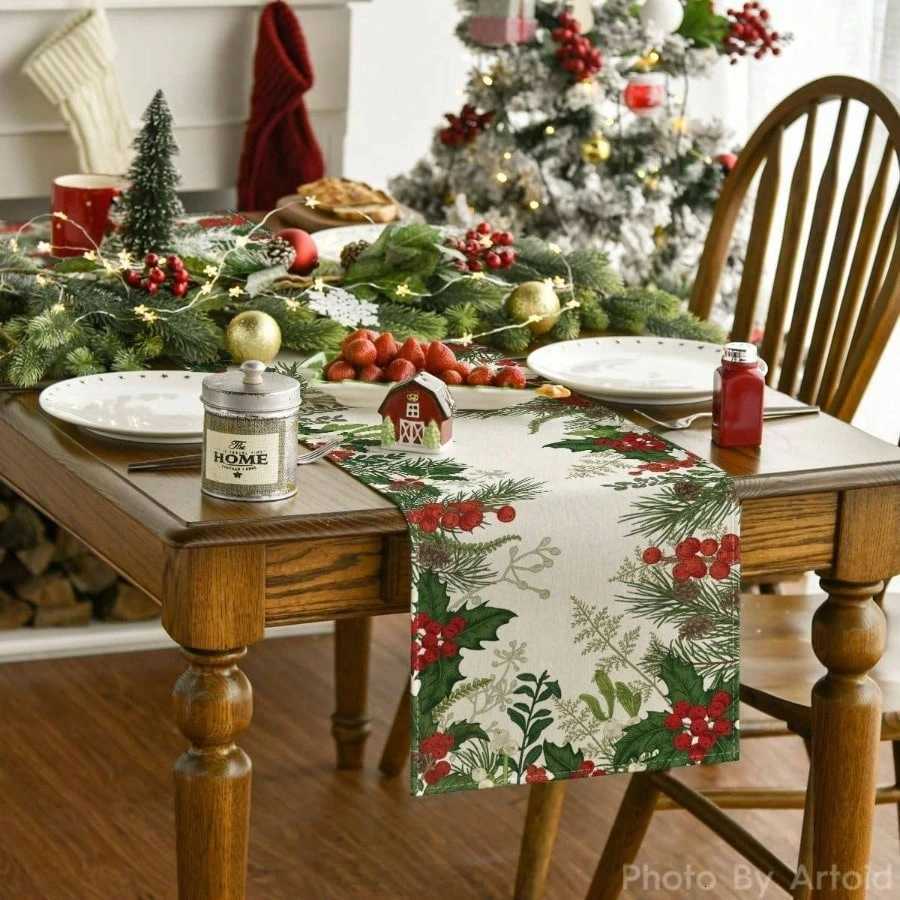 Christmas 1 Christmas Holly Pine Cone Table Runner Festive Greenery Red Berry Print for Holiday Dining Table Decor Cheerful for Christmas Y251113