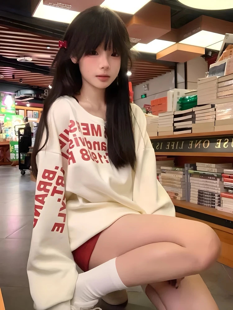 Autumn and Winter Womens High Temperature 100 Letter Round Neck Hoodie Loose Two Piece Shoulder Clothing 250414Z