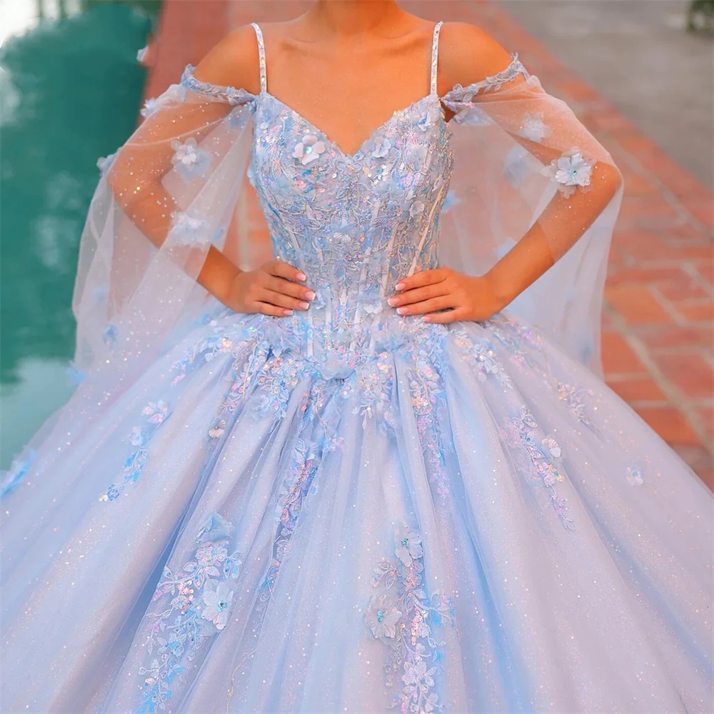 Exquisite Ball Gown Quinceanera Dresses For Women Appliques Sequins Gowns Sweetheart Neck Spaghetti Straps Party Prom Sweep Train Dress Customied