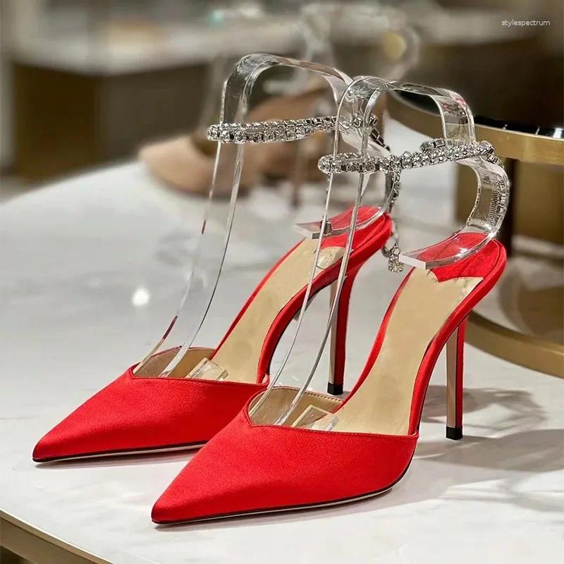 Dress Shoes 2025 Satin Pumps Crystal Pendant One Word Rhinestone Chain High Heels Pointed Thin Heel Sexy Sandals Wedding