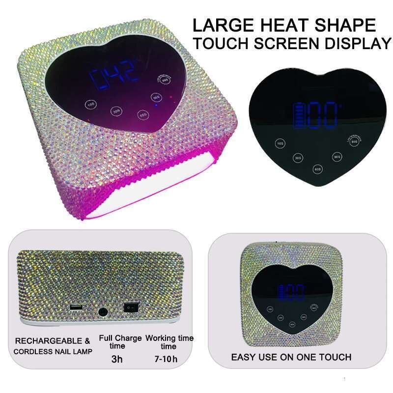 Cute Heart Design Manicure Pedicure Hine LCD Touch Screen Cordless Power Storage Cure UV LED Nail Lamp With Rhies