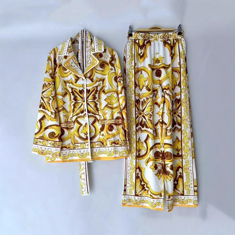 Womens geometric print loose sleepwear two-piece set autumn+elastic waist wide leg pants fashion set240730