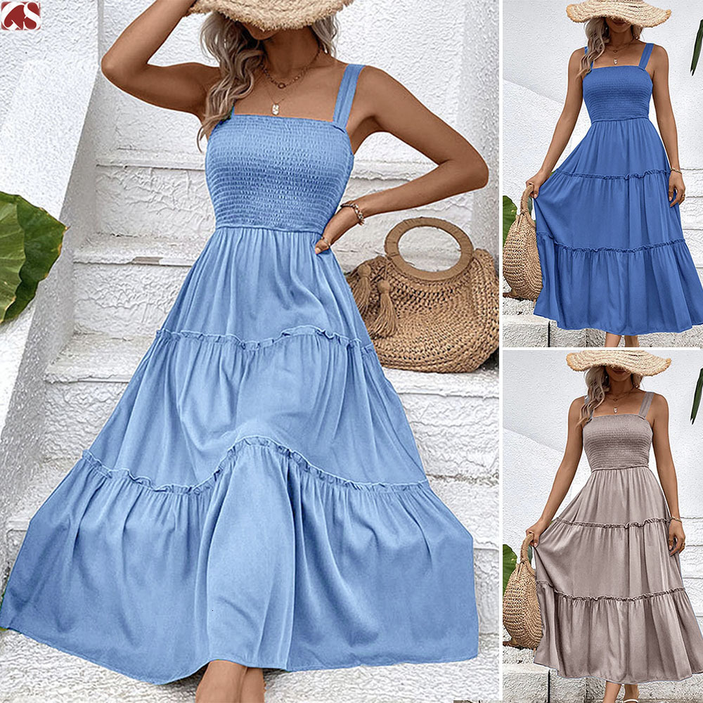 Summer Square Collar Strap French Folding Large Swing Women's Dress