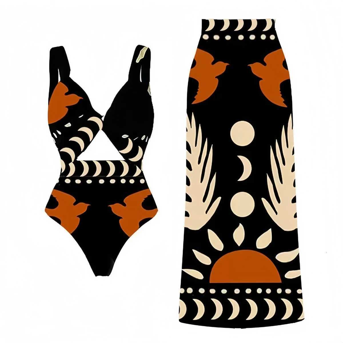 Printed One Piece Swimsuit Women Bikini with Beach Set New One Shoulder High Waist Split Swimwear Brazilian Biquini Bathing SuitW251113