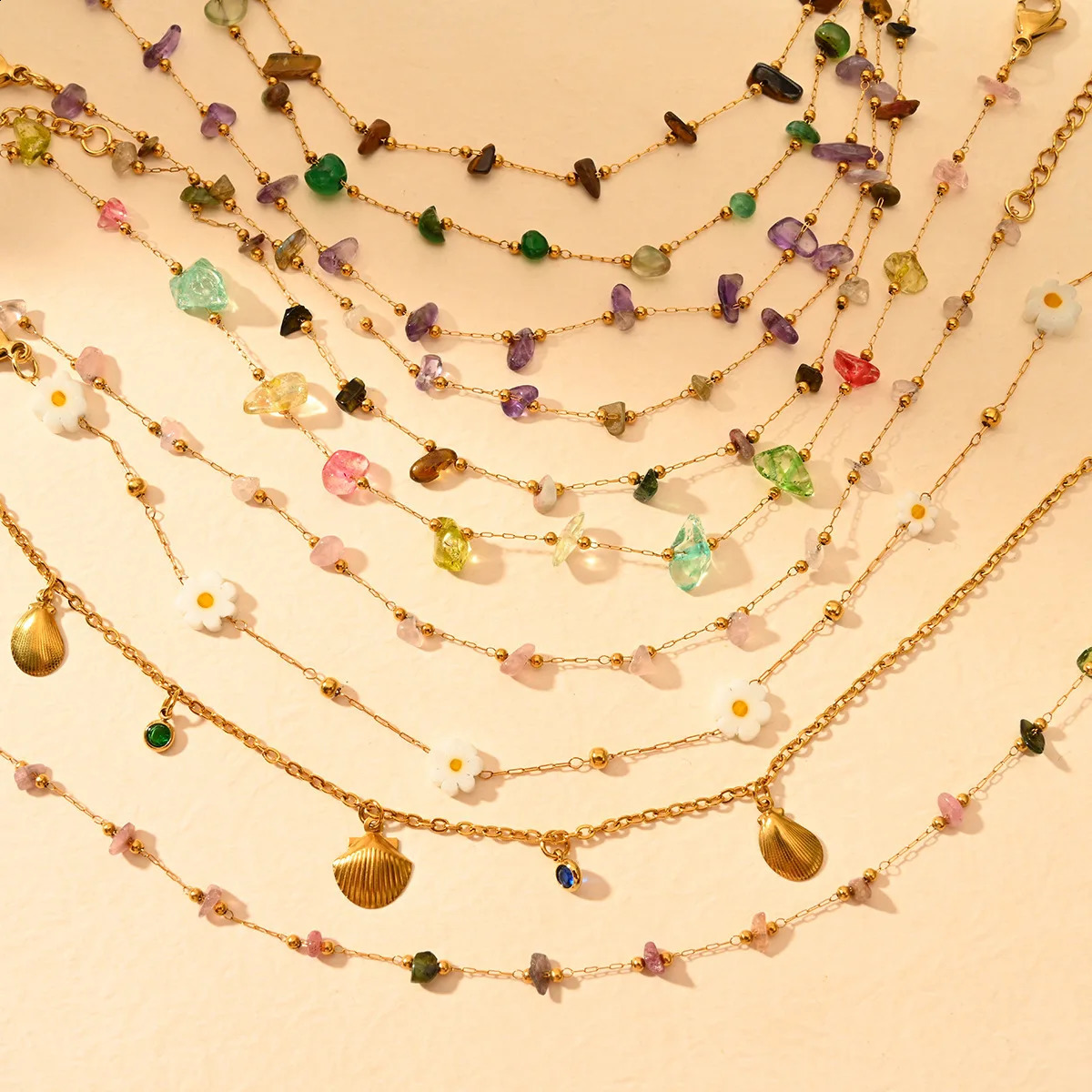 Outdoor beach style stainless steel gravel anklet colored stone decoration 250408