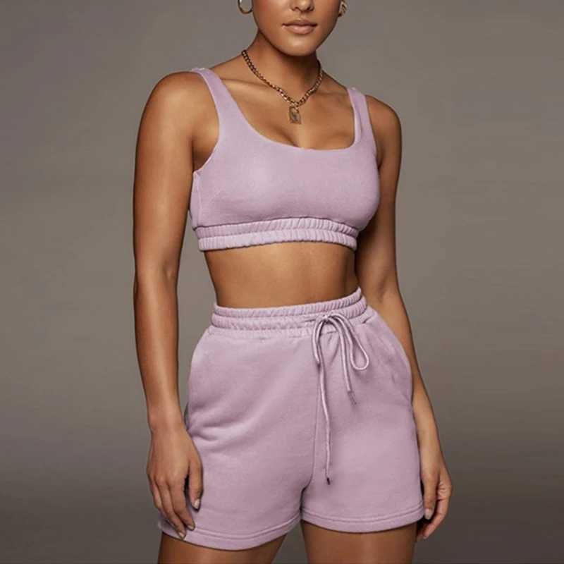 Crop top and Drstring shorts set sexy U-neck fitness vest summer sports casual cycling shorts two-piece set womens clothingXJ250414