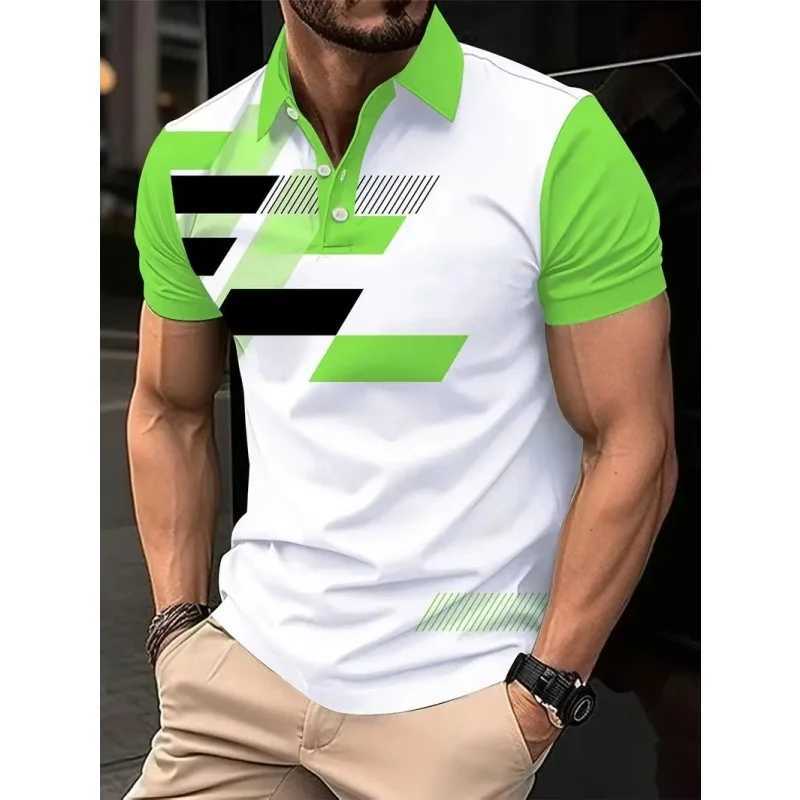 3D printed color geometric polo shirt mens color block graphic short sleeved T-shirt casual button top loose polo shirt W250414