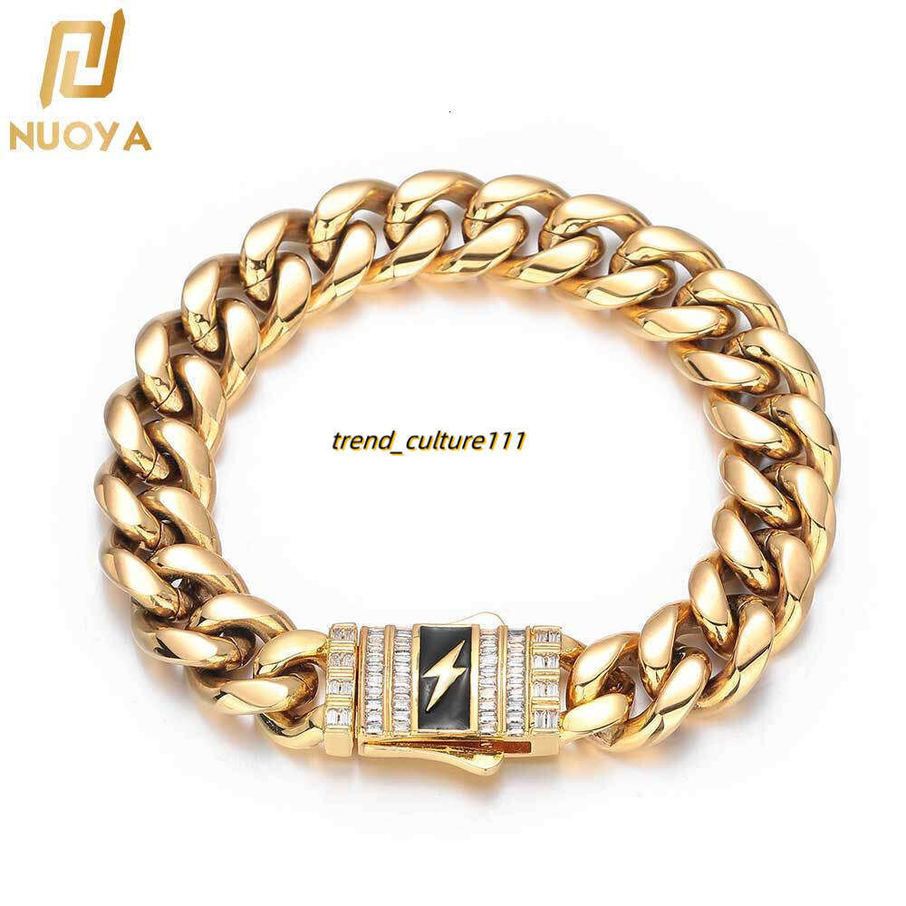 New Lighing Moissanite Spring Buckle Stainless Cuban Hip Hop Titanium Steel Jewelry Men's Bracelet