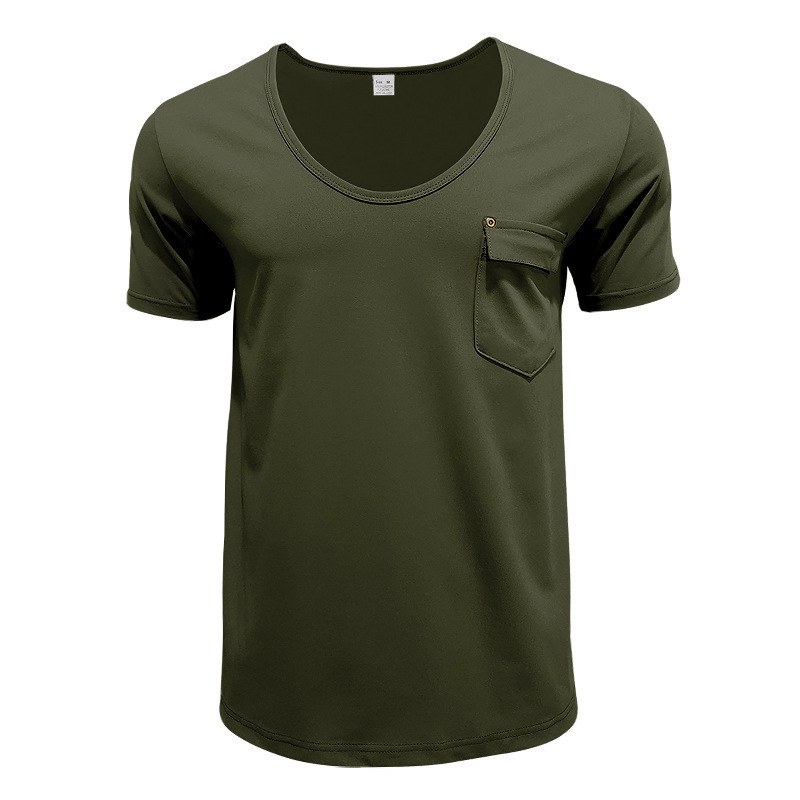 Mens pocket t-shirt clothing mens V-neck solid color plus size casual short sleeved t-shirt