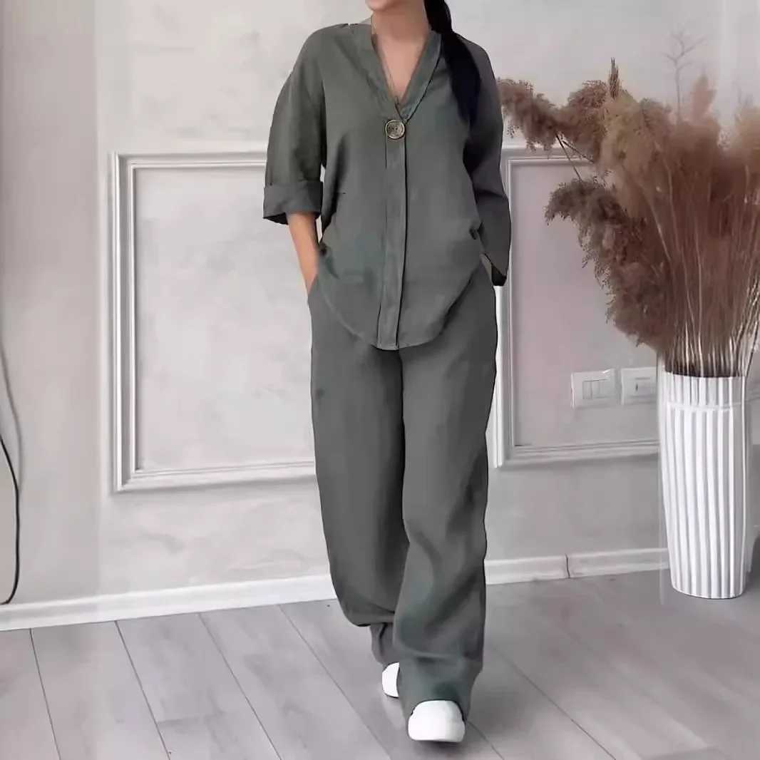 Comfortable loose cotton linen top wide leg pants casual womens fashion set spring and autumn clothing casual clothingXJ250414