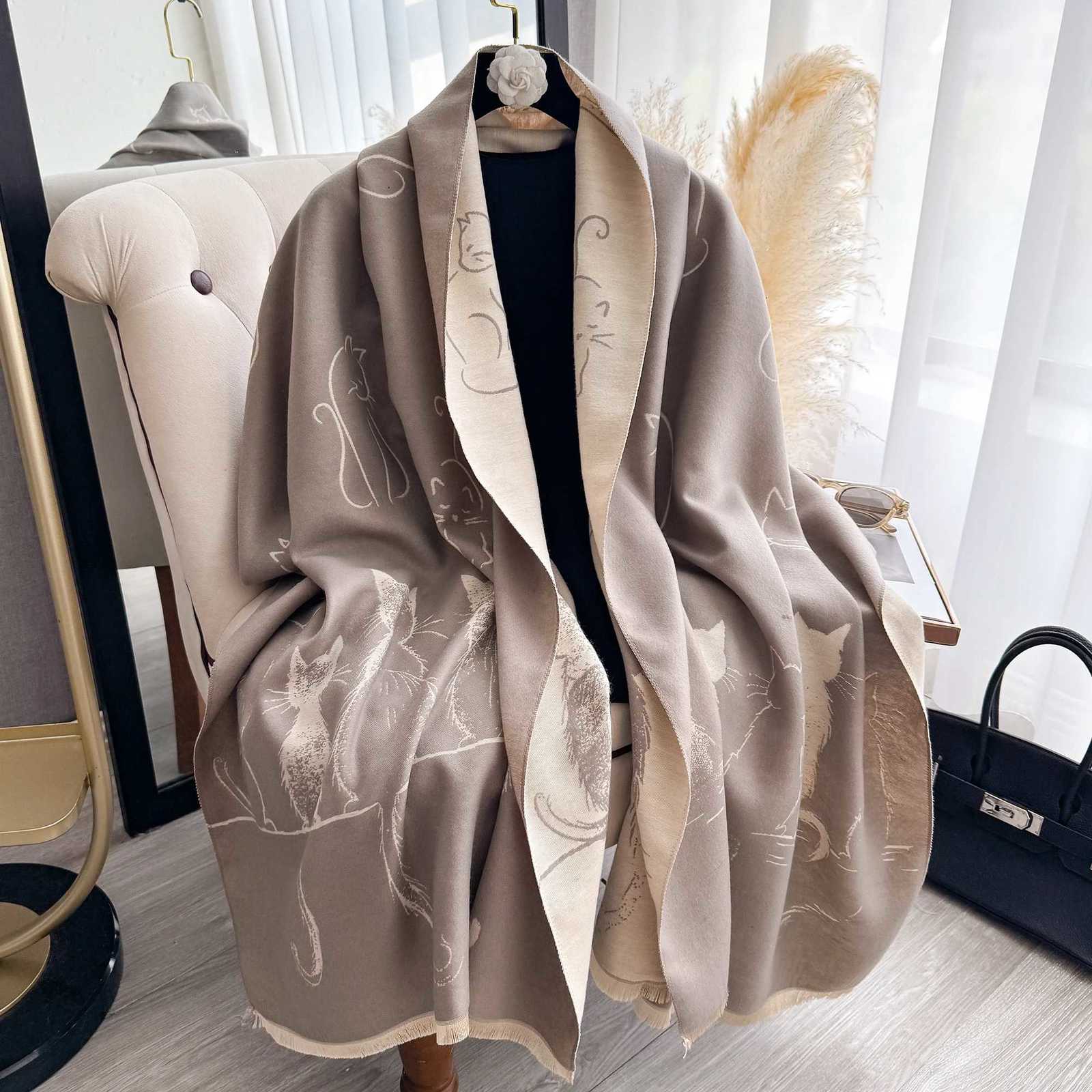 Luxury New Luxury Winter Cashmere Little Cat Print Scarf Women Warm Pashmina Poncho Scarves Fashion Shawl Thick Foulard Bufanda Y251114
