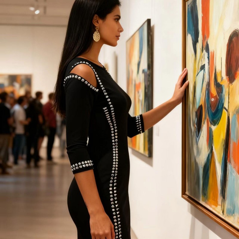 Urban Sexy Dresses Women's Black Rhinestone Embellished Bodycon Dress - Cutout Shoulder 3/4 Sleeve Slim Fit Midi Dress, Elegant Evening Party Coc