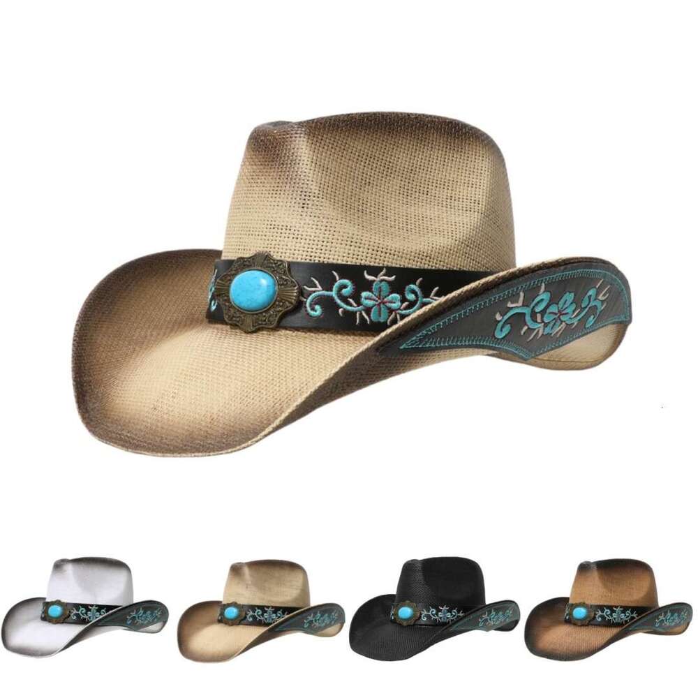 Cowboy Belt Accessories, High-End Embroidery, Large Eave Jazz Western Straw Hat, Woven, Unisex