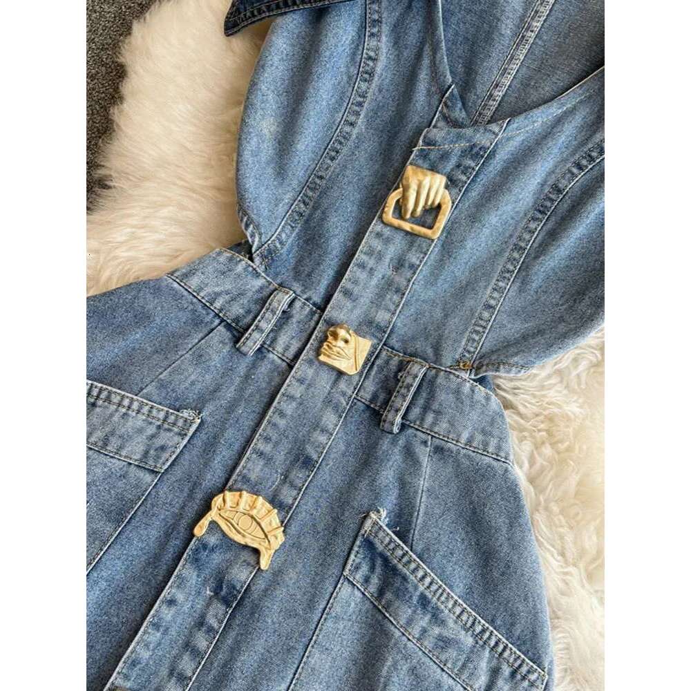 DEAT New Fashion Women's Patchwork Lapel Sleeveless Denim Dress 2024 Summer Trendy Single Breasted Split Dresses Female 33A1637