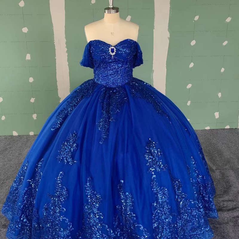 Royal Blue Quinceanera Dresses Off Shoulder Ball Gown Sweet 16 Dress Sequin Applique Lace Beads Tull Birthday Party Vestidos 15 Anos