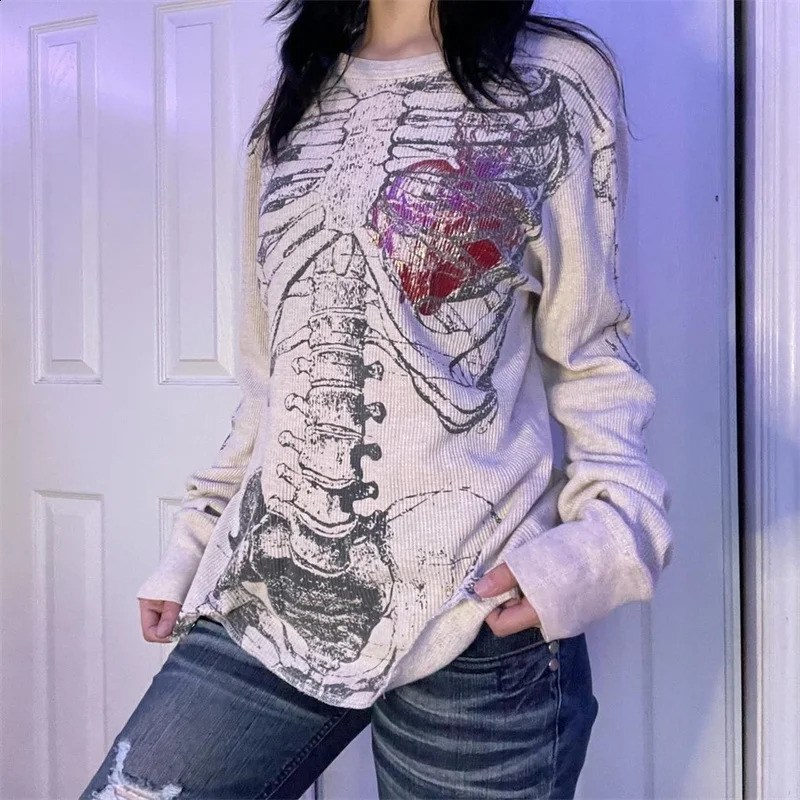 2000s Y2k Women Tops Harajuku Retro Gothic Skeleton Graphic Printed T shirt Hip Hop Tee shirt Aesthetic Long Sleeved Streetwear 250411