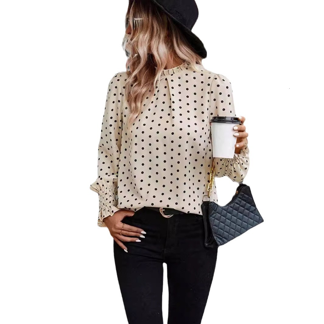 Women's 2025 new Temu ruffled polka dot printed bubble sleeve style women's shirt