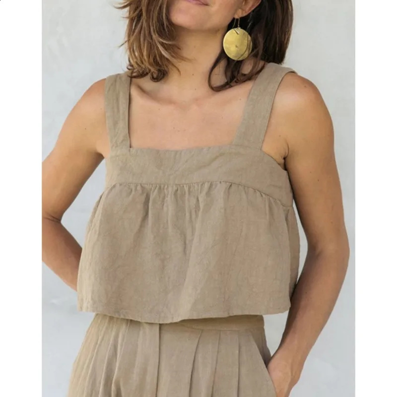New Womens Solid Color Cotton Linen Summer 2 Piece Sets Sleeveless Tank Top Wide Leg Pants Two Piece Suit Casual Female Outfits 250414