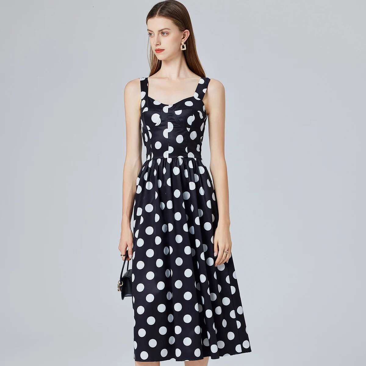 Designer dress maxi dress 2025 summer fashion show polka dot print sleeveless black Midi holiday casual women's vest