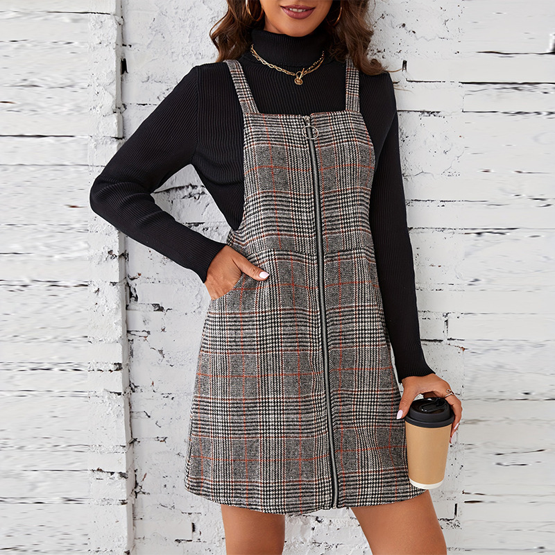 Womens 2025 Spring/Summer Dress Checkered Strap Skirt Zipper cardigan A-line Skirt