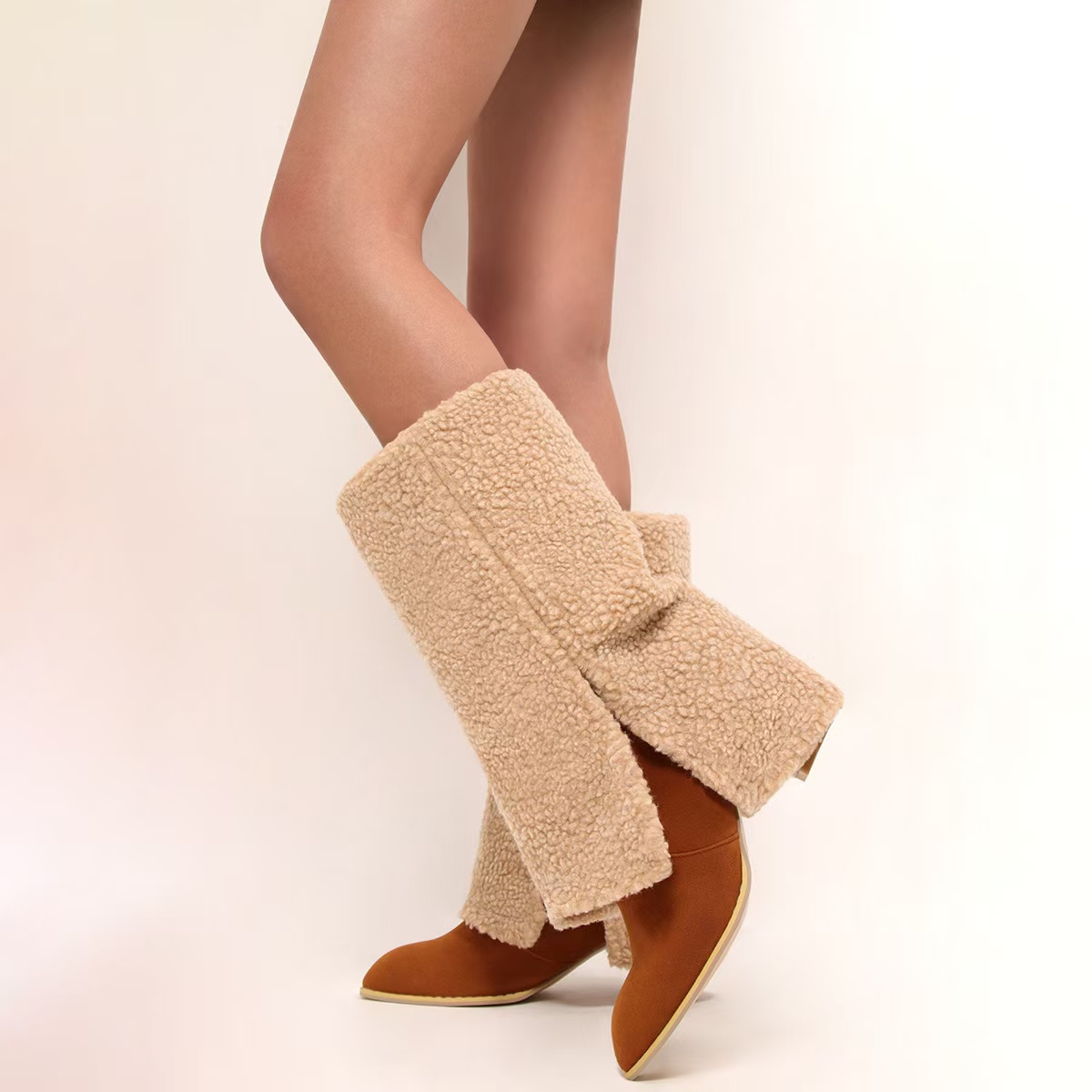 Women Winter Furry Thigh-high Pants Female Fashion Wedge Heeled Pointy Knee-high New Boots 2024 0c9b