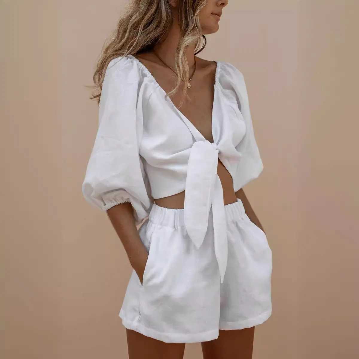 Puff Sve lace shorts monochrome set sexy temperature street trend 2024 womens summer fashion two-piece setXJ250414